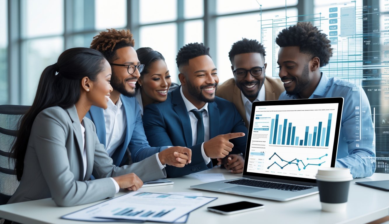 Sekelompok orang bekerja sama di kantor modern dengan laptop yang menampilkan grafik dan data.