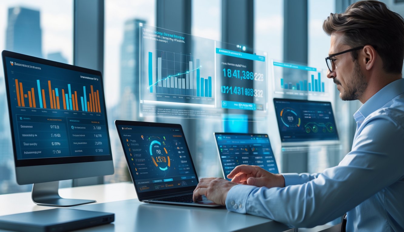 Seorang profesional bisnis sedang menganalisis data pada beberapa layar digital di kantor modern dengan pemandangan kota di latar belakang.