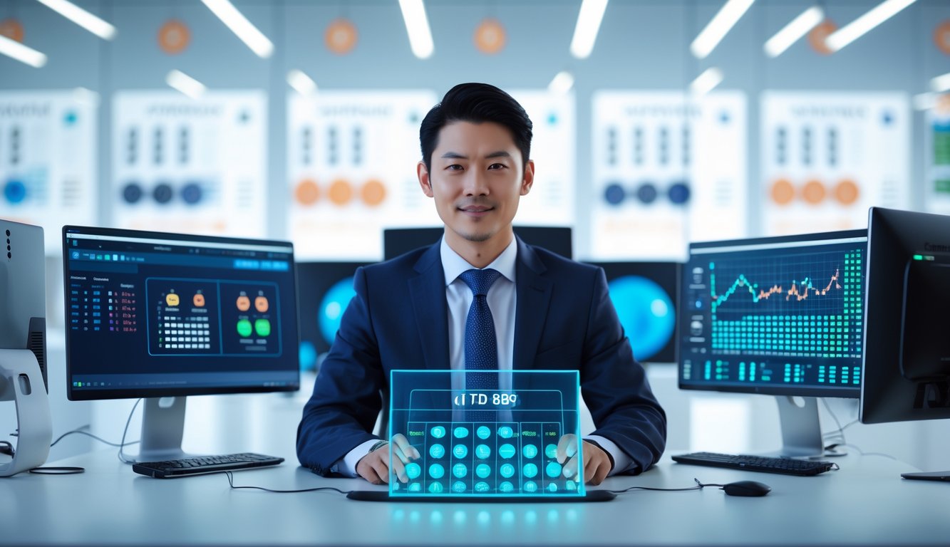 Seorang profesional bisnis Asia duduk di depan beberapa monitor komputer yang menampilkan grafik dan data, di sebuah ruang kantor modern yang terang dan rapi.