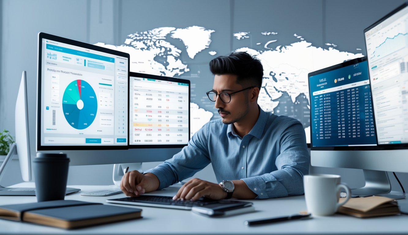 Seorang profesional sedang menganalisis data dan grafik di depan beberapa layar komputer di sebuah meja kerja yang rapi.