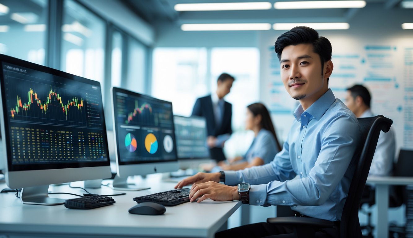 Seorang pria muda di kantor modern sedang menganalisis data pada beberapa layar komputer dengan grafik dan angka, suasana kerja yang fokus dan profesional.