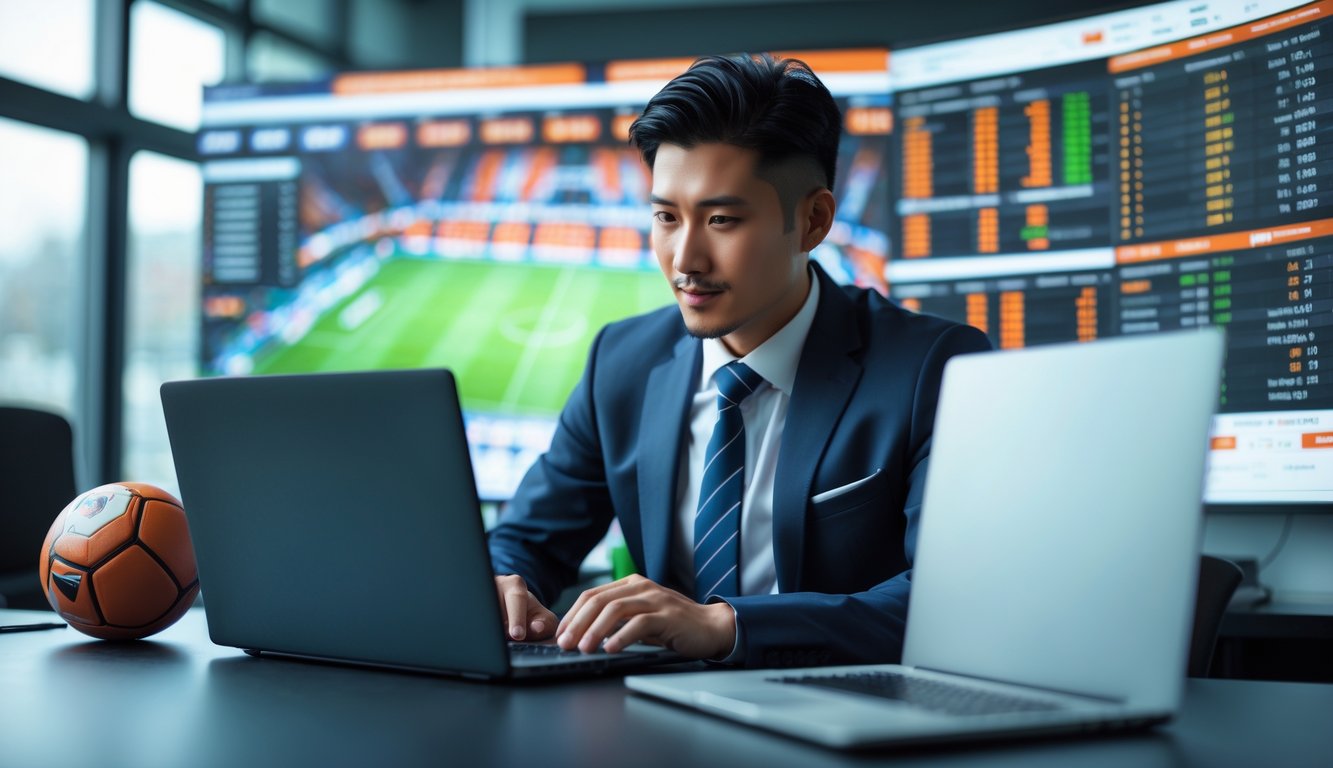 Seorang pria Asia berpakaian rapi sedang melihat layar laptop dengan data taruhan sepak bola di kantor modern.