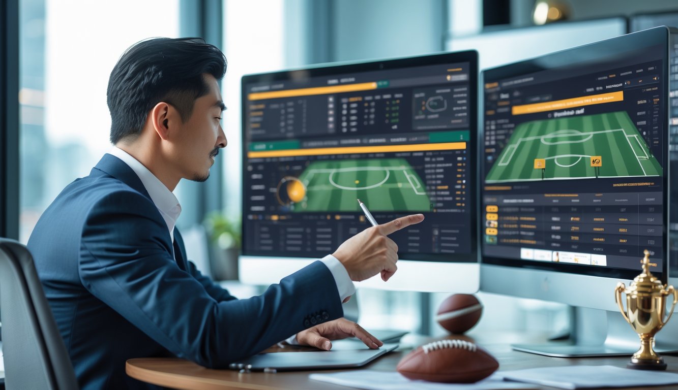 Seorang pria Asia mengenakan pakaian resmi sedang menganalisis statistik sepak bola di depan beberapa layar komputer di kantor modern.