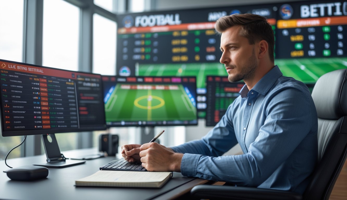 Seorang pria duduk di meja dengan beberapa layar komputer menampilkan statistik pertandingan sepak bola dan peluang taruhan, sedang menganalisis data dengan serius.