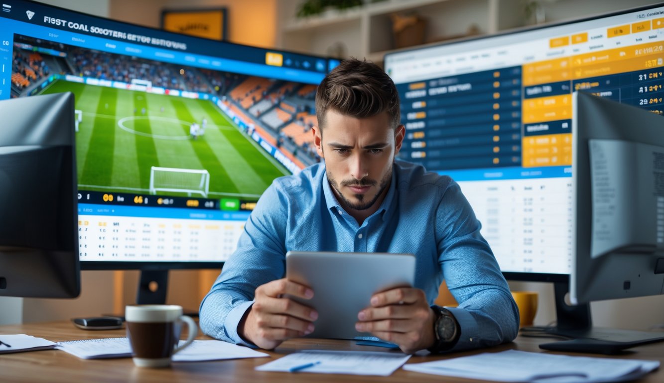 Seorang pria sedang menganalisis statistik pertandingan sepak bola di tablet dengan layar besar menampilkan pertandingan langsung dan grafik taruhan di ruang kerja modern.