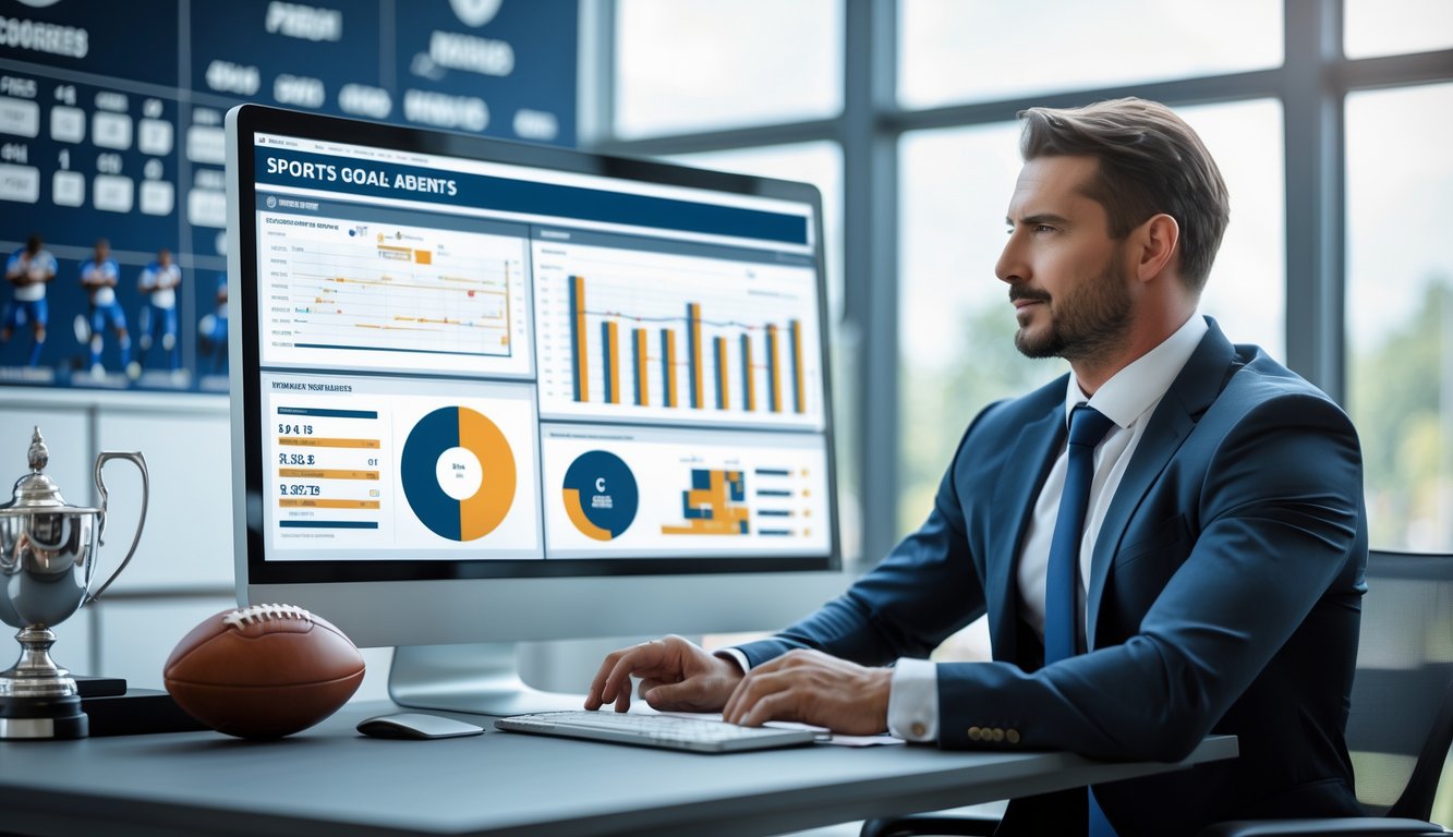 Seorang agen olahraga profesional sedang memeriksa statistik pemain sepak bola di kantor modern dengan alat dan perlengkapan terkait sepak bola di sekitarnya.