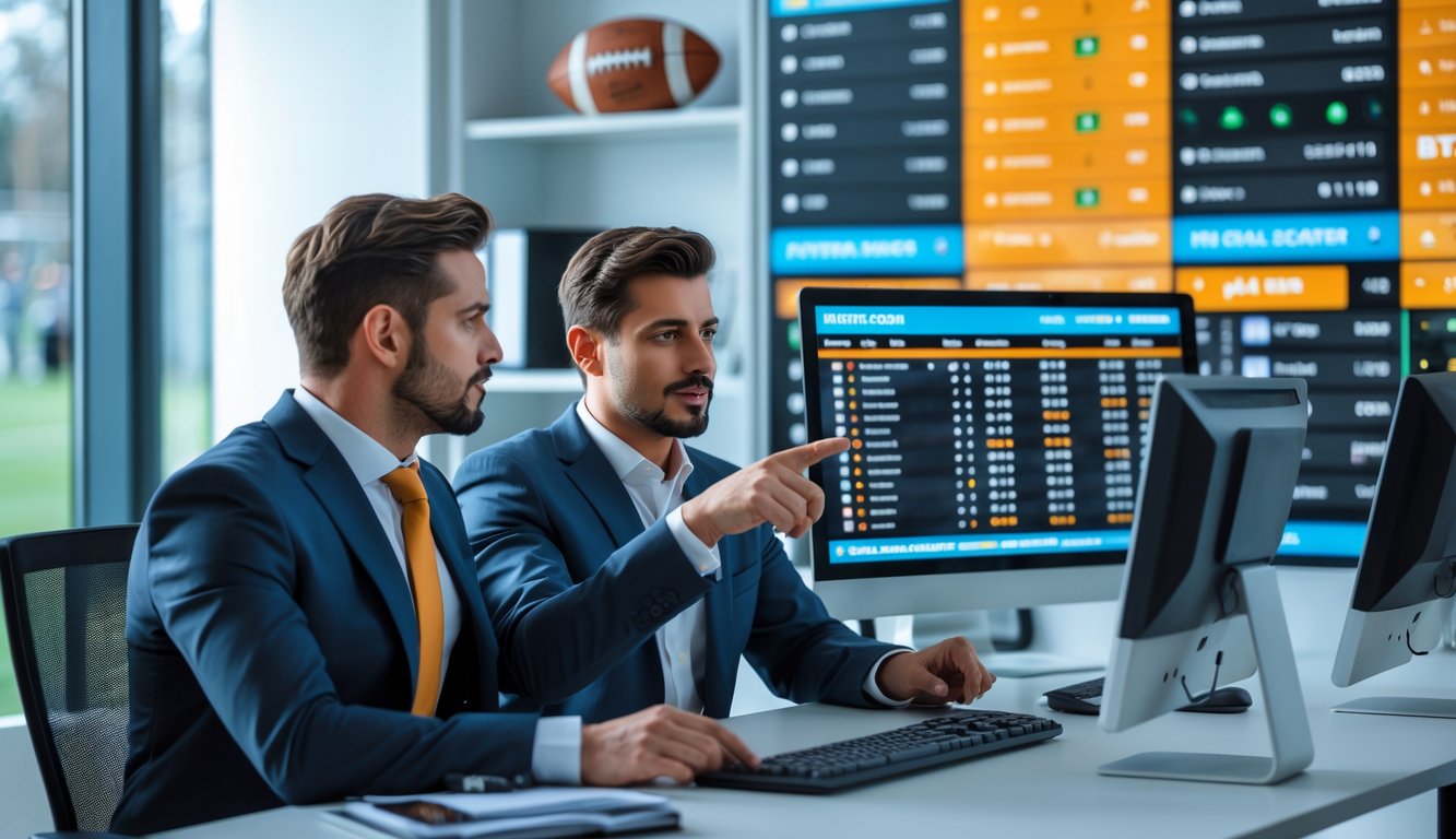 Dua orang profesional sedang berdiskusi di depan layar komputer yang menampilkan data pertandingan sepak bola dan statistik taruhan.