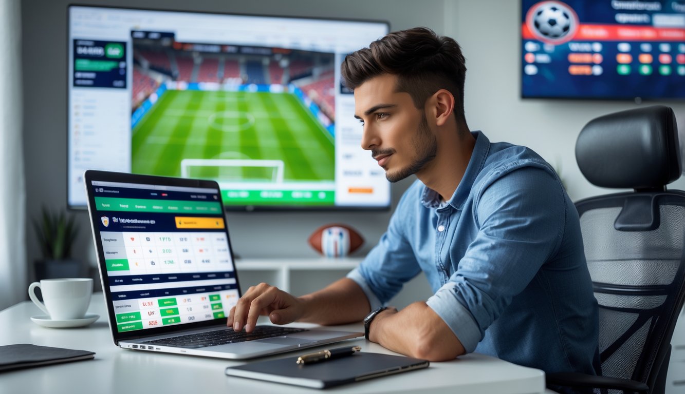 Seorang pria muda duduk di meja dengan laptop, melihat layar pertandingan sepak bola dan menganalisis data taruhan secara serius.