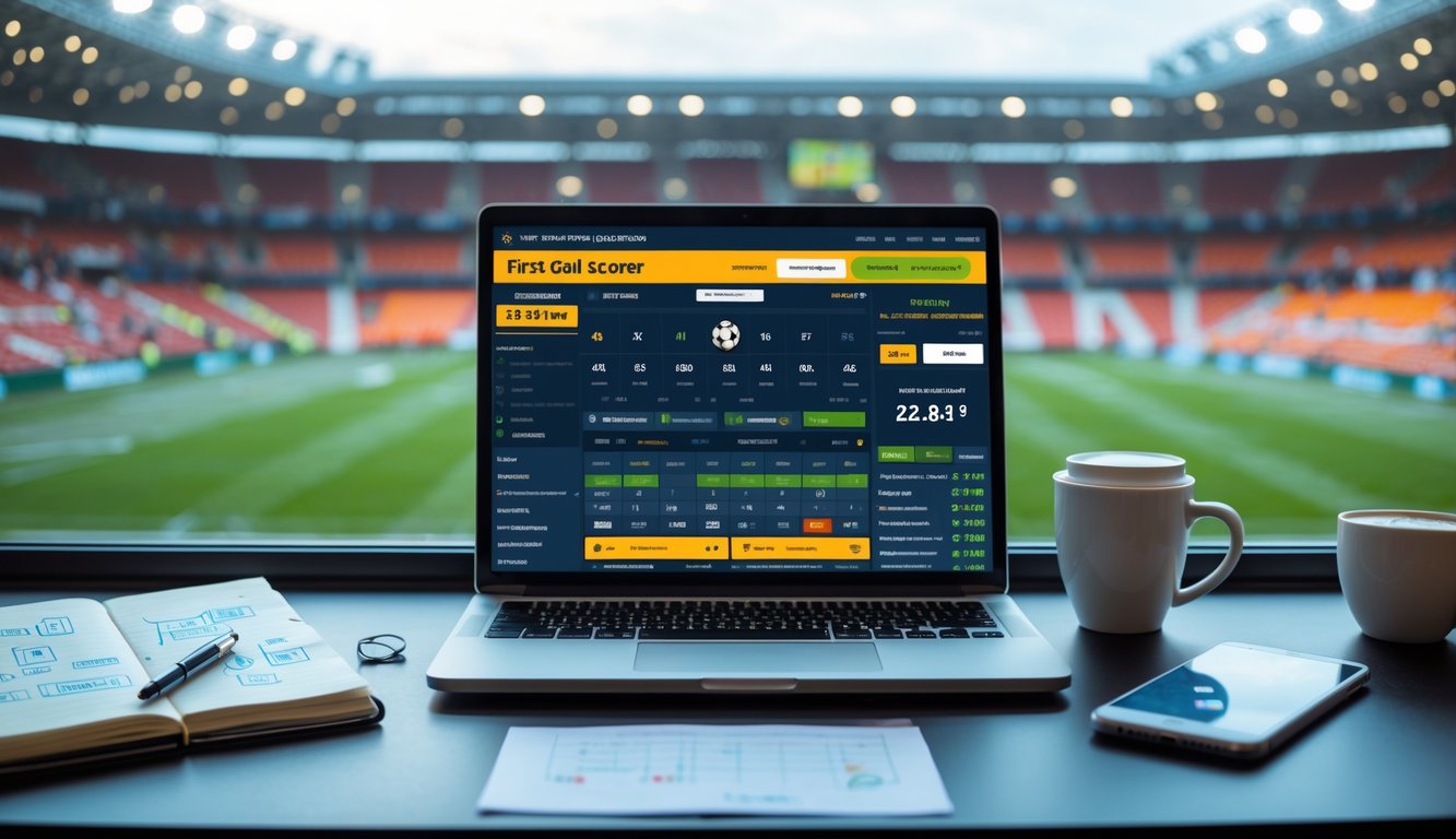 Seorang pria duduk di depan laptop dengan layar menampilkan situs taruhan bola online, dikelilingi oleh buku catatan, ponsel, dan secangkir kopi, dengan stadion sepak bola terlihat di latar belakang.