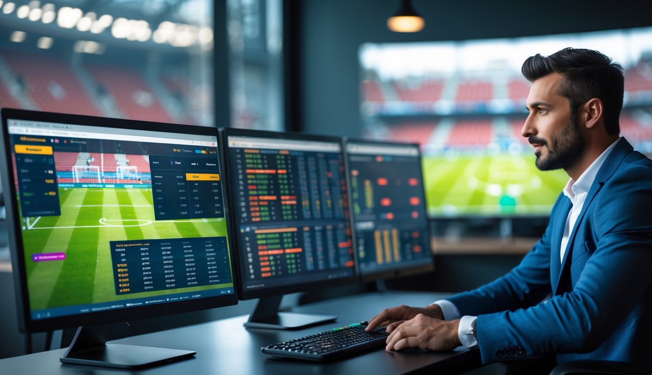 Seorang agen taruhan bola duduk di depan beberapa layar komputer yang menampilkan statistik dan peluang untuk pencetak gol pertama dalam pertandingan sepak bola besar.