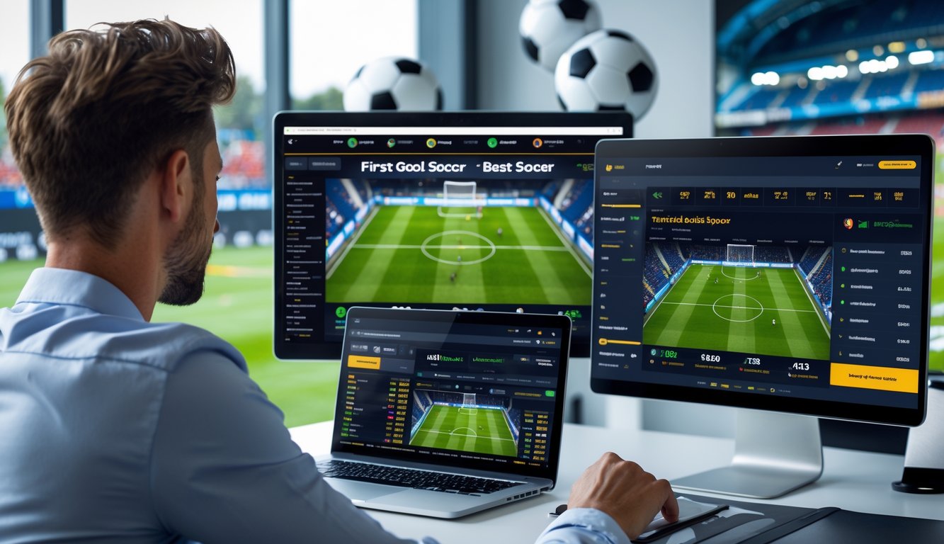 Seorang pria sedang melihat data dan peluang pertandingan sepak bola di layar komputer dan ponsel di ruang kerja modern.