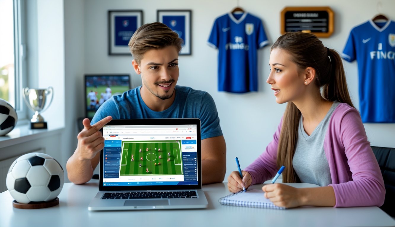Dua orang muda sedang berdiskusi dan melihat layar laptop tentang strategi memilih pencetak gol pertama dalam sepak bola.