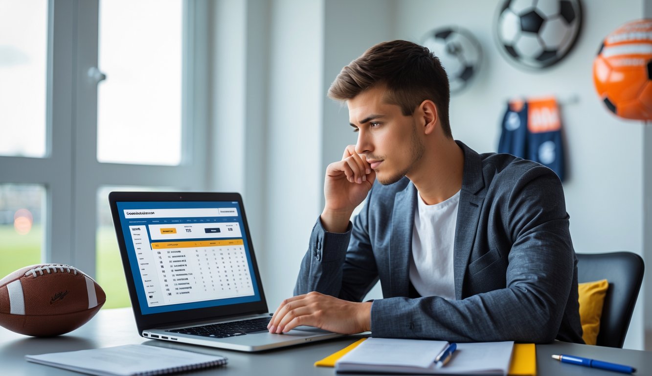 Seorang pria muda duduk di meja dengan laptop, menganalisis statistik sepak bola di ruangan terang dengan bola dan alat tulis di sekitarnya.