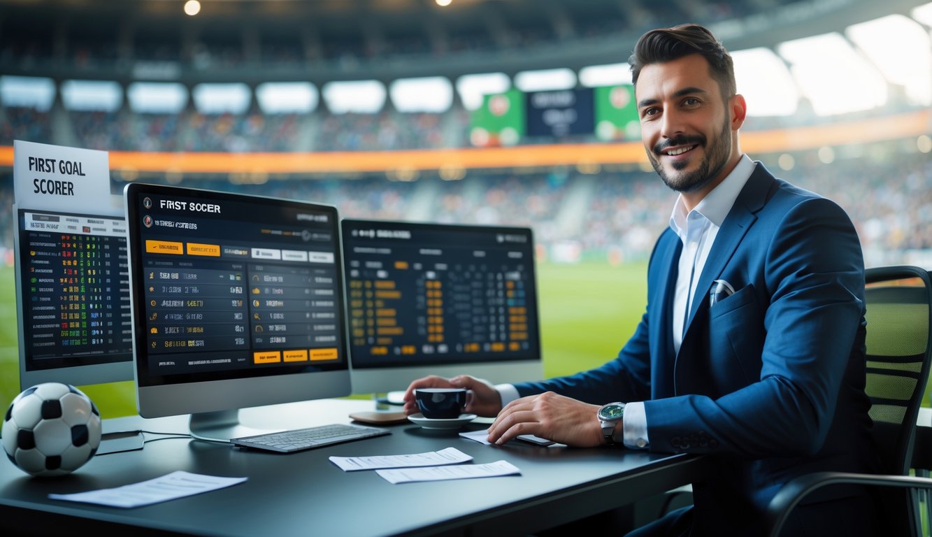Seorang agen olahraga pria duduk di meja dengan beberapa layar komputer yang menampilkan statistik pertandingan sepak bola dan peluang taruhan, dengan latar belakang stadion dan kerumunan penonton.