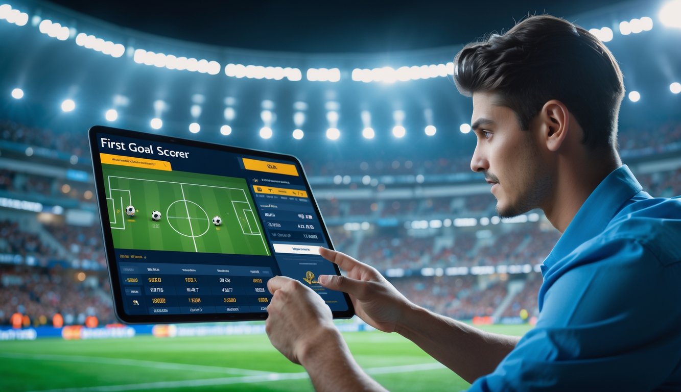Seorang pria muda menggunakan perangkat layar sentuh di depan stadion sepak bola yang ramai dengan penonton, menampilkan statistik pertandingan dan opsi taruhan pencetak gol pertama.