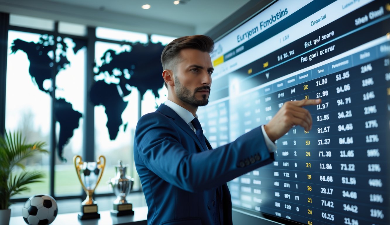 Seorang agen olahraga profesional sedang melihat statistik pertandingan sepak bola Eropa di kantor modern.