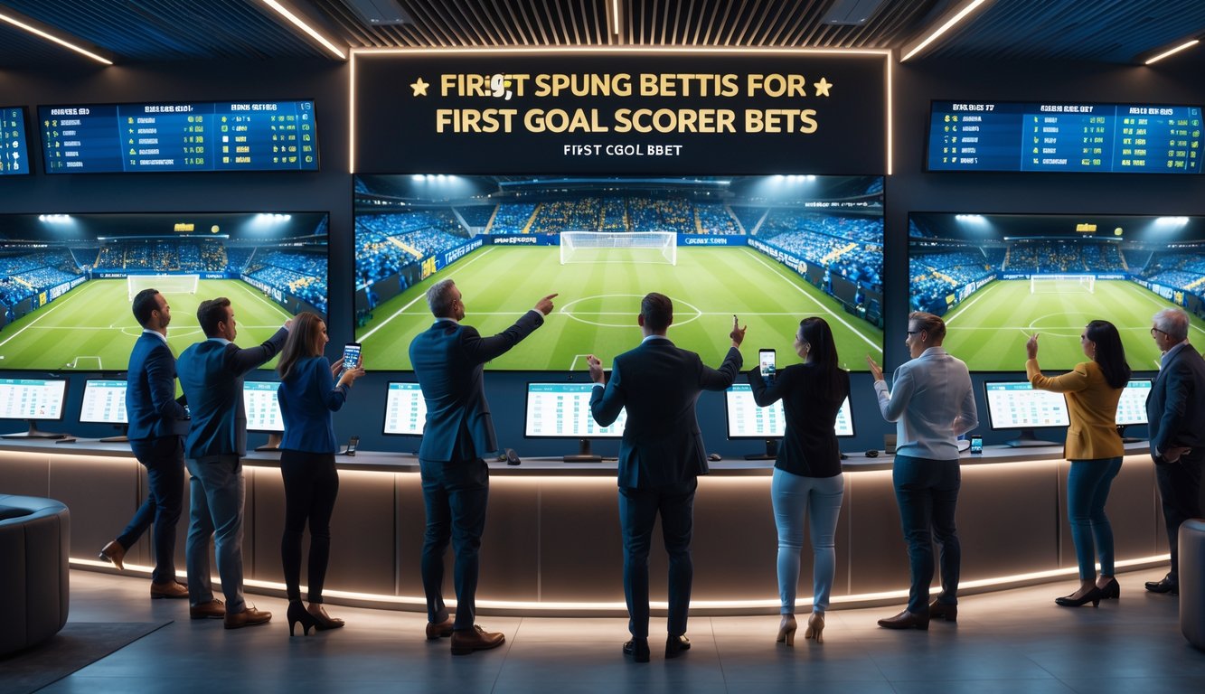 Sekelompok orang sedang melihat layar besar yang menampilkan statistik pertandingan sepak bola dan peluang taruhan di sebuah ruang taruhan modern.