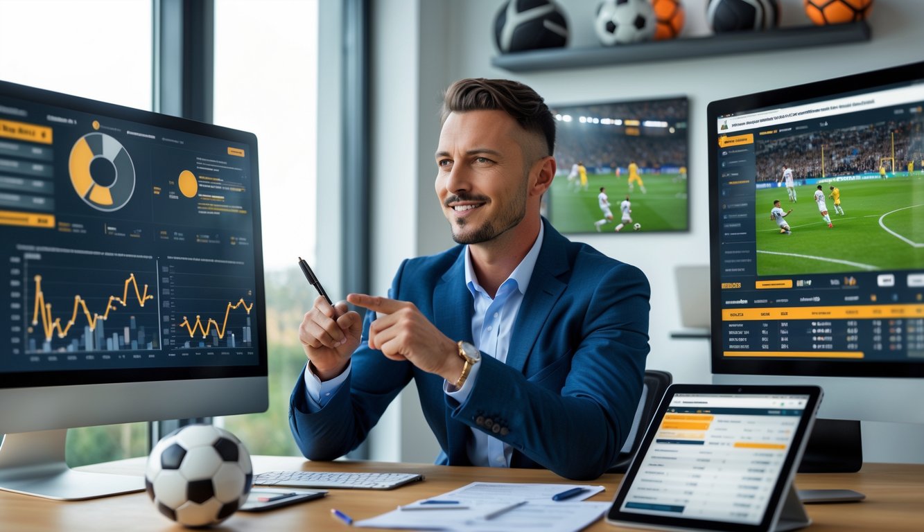 Seorang analis olahraga sedang melihat data dan statistik pertandingan sepak bola di beberapa layar komputer dalam sebuah kantor modern.