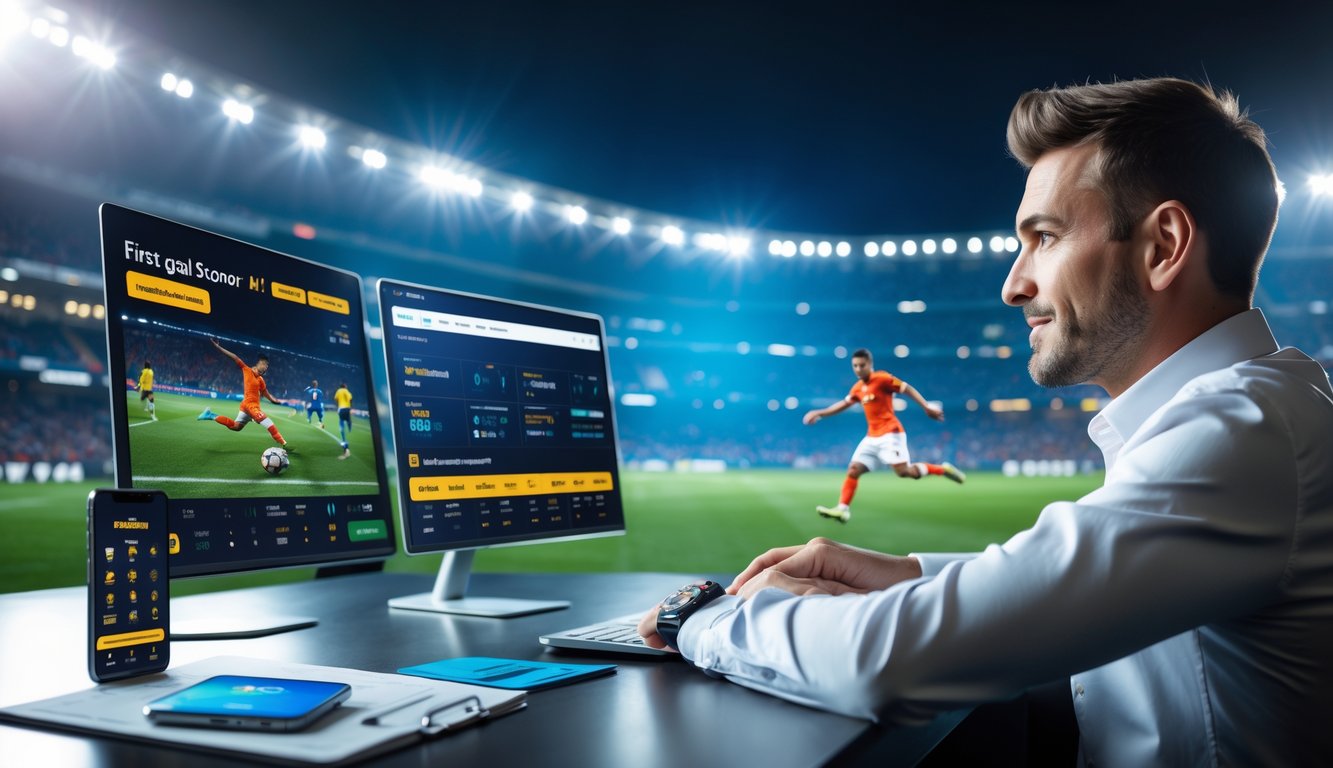 Seorang pria sedang menganalisis statistik sepak bola di depan beberapa layar komputer dengan latar belakang stadion penuh penonton.