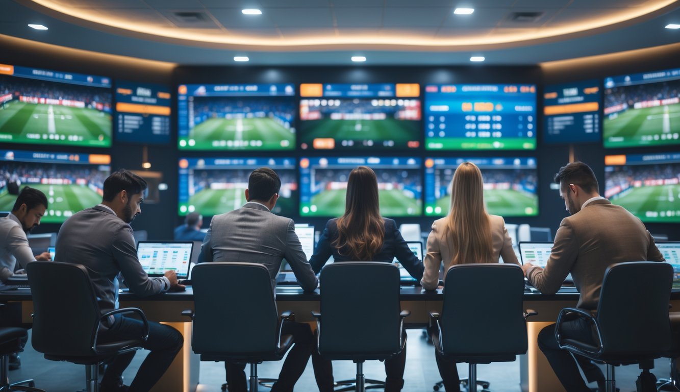 Orang-orang sedang memasang taruhan pada pencetak gol pertama di pertandingan Liga Premier di sebuah kantor taruhan modern.