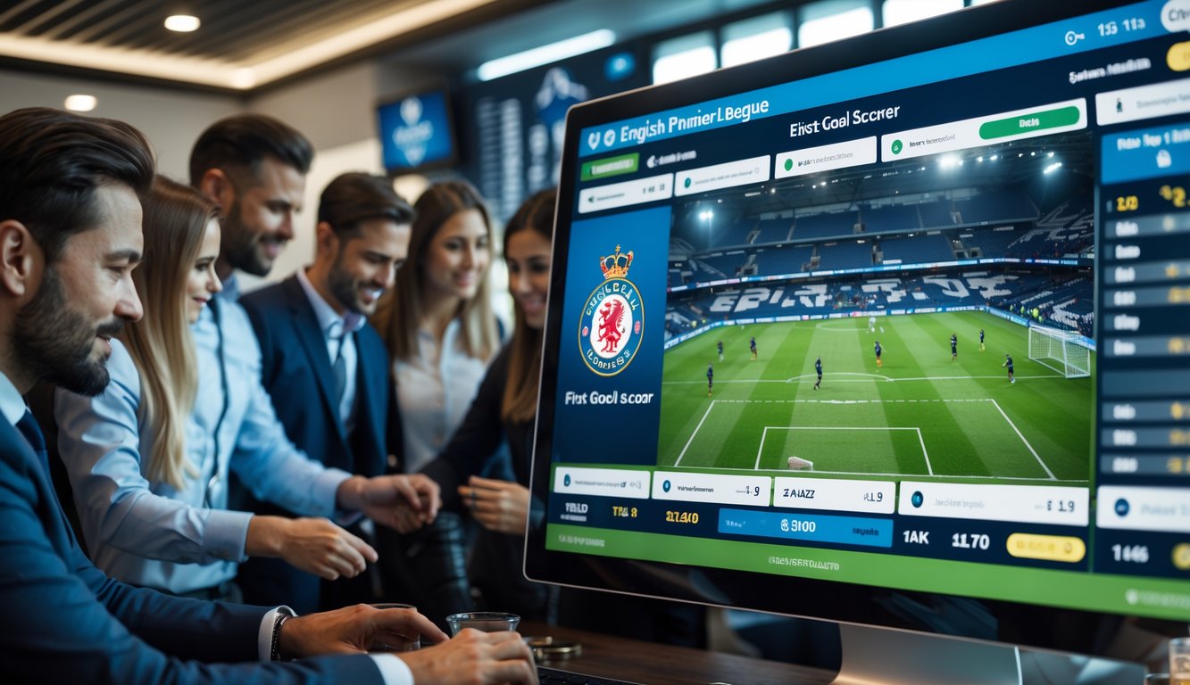 Sekelompok orang sedang memasang taruhan pada pertandingan sepak bola Liga Premier menggunakan layar sentuh di ruang taruhan modern.