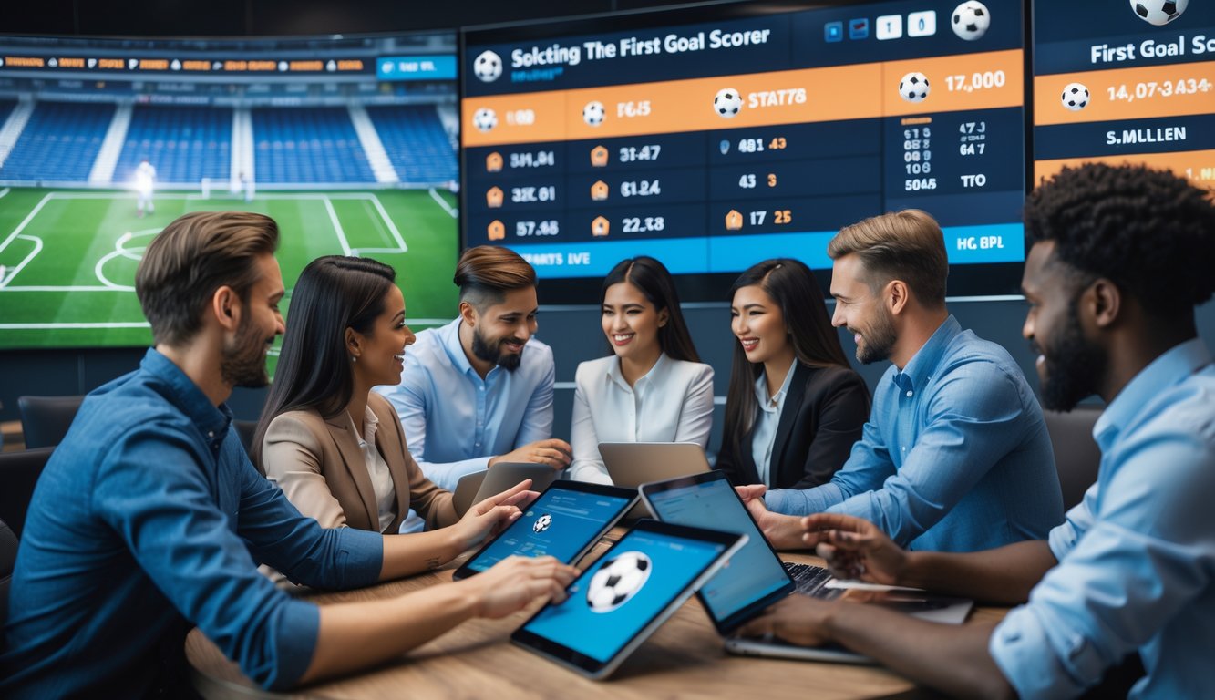 Orang-orang sedang melihat layar dan berdiskusi tentang pemain yang akan mencetak gol pertama dalam pertandingan sepak bola.