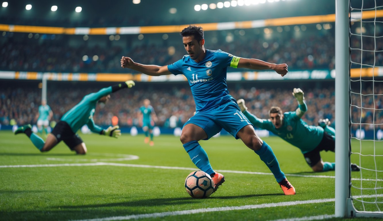 Seorang pemain sepak bola sedang menendang bola menuju gawang dengan kiper yang mencoba menyelamatkan di stadion penuh penonton.