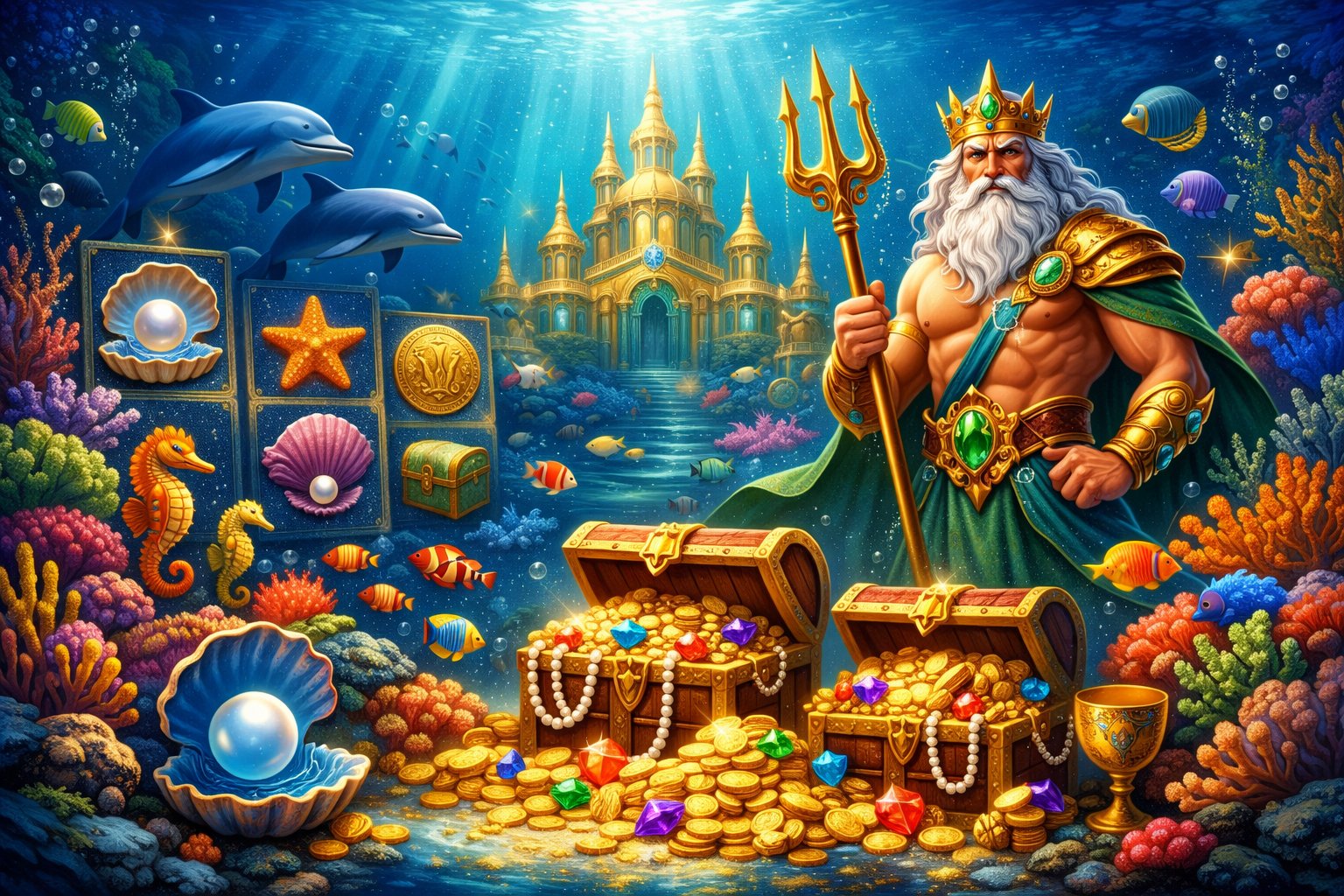 An Underwater Scene Showing Neptune Holding A Trident Near A TreasureFilled Palace Surrounded By Sea Creatures And Slot Reels With OceanThemed Symbols.