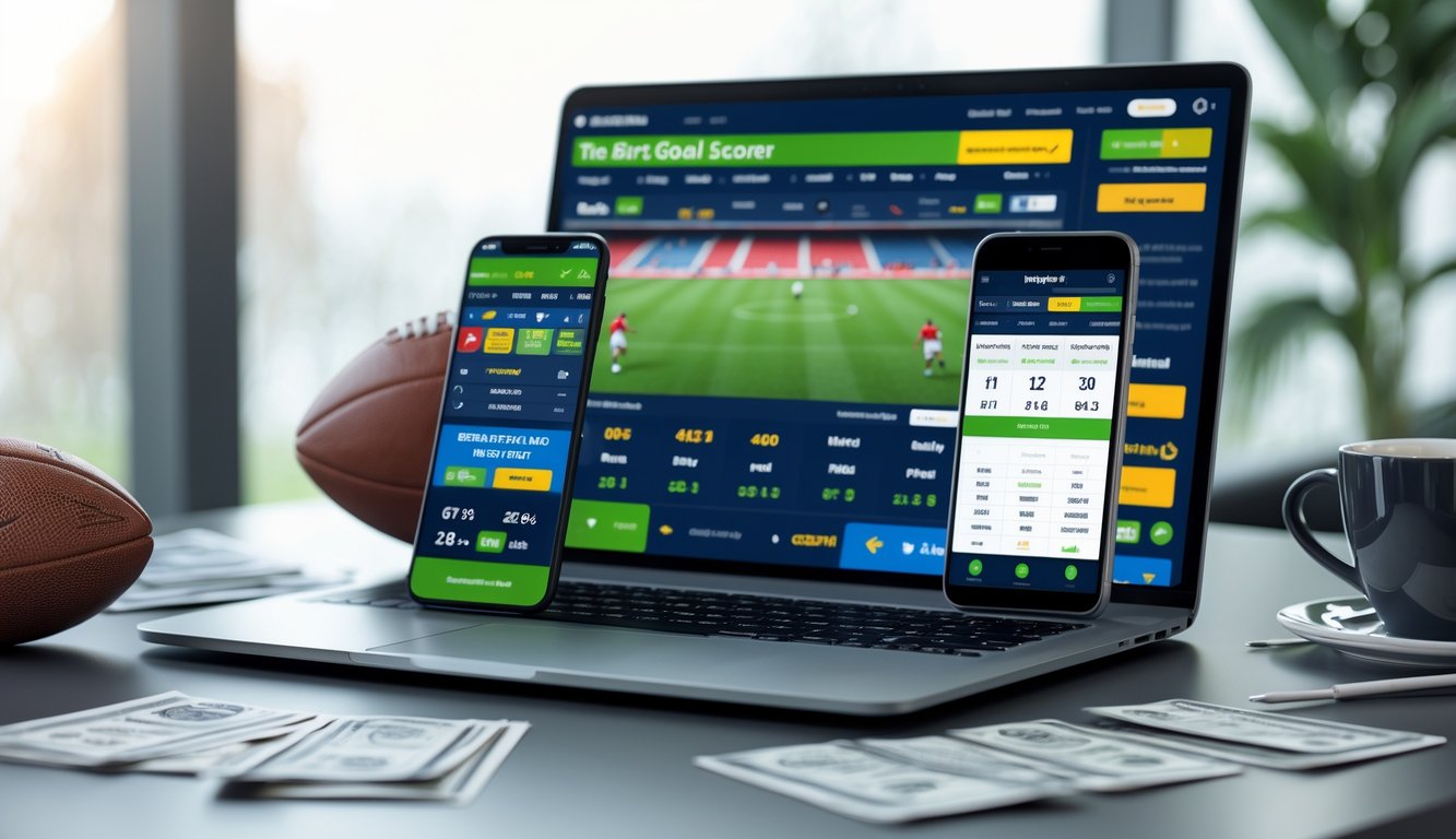 Seorang pengguna sedang melihat situs taruhan bola online di laptop dan ponsel di meja kerja dengan bola sepak di sampingnya.