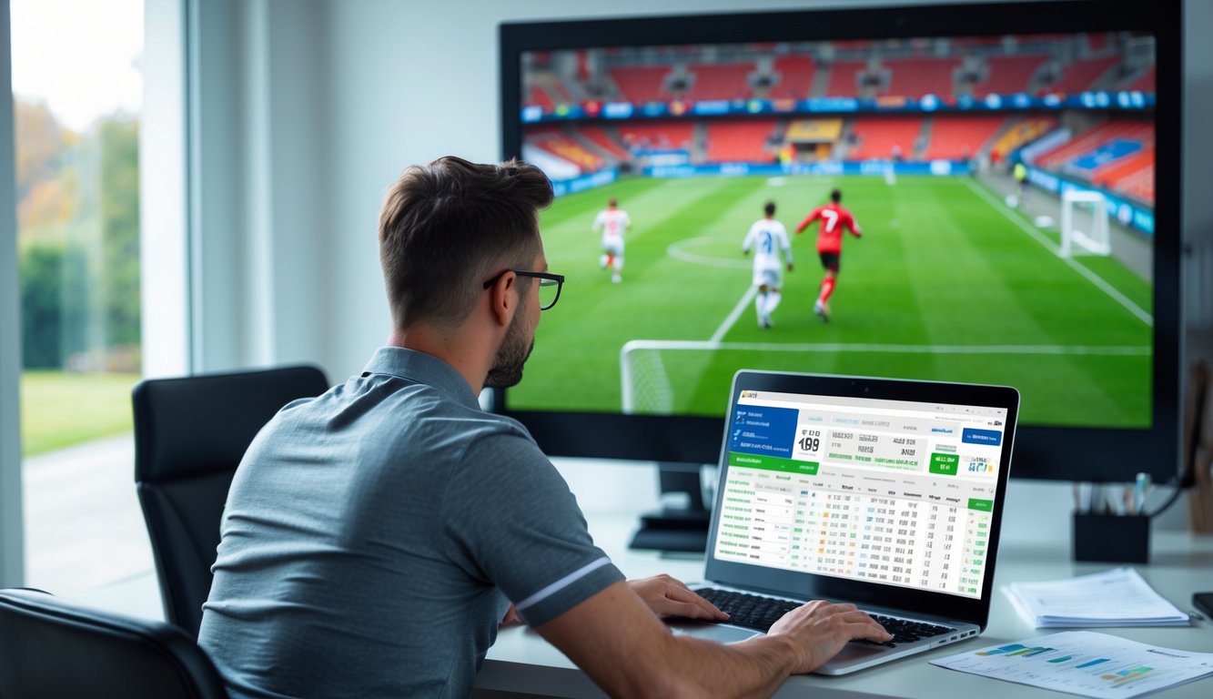 Seorang pria sedang menganalisis statistik sepak bola di laptop dengan pertandingan sepak bola yang sedang berlangsung di layar besar di belakangnya.