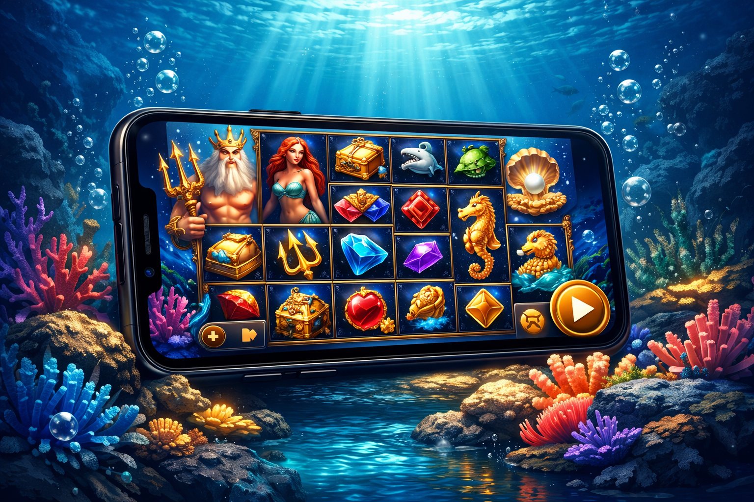 A Mobile Device Underwater Showing A Colorful Slot Game With Ocean Symbols Like Tridents And Treasure Chests Surrounded By Coral Reefs And Bubbles.