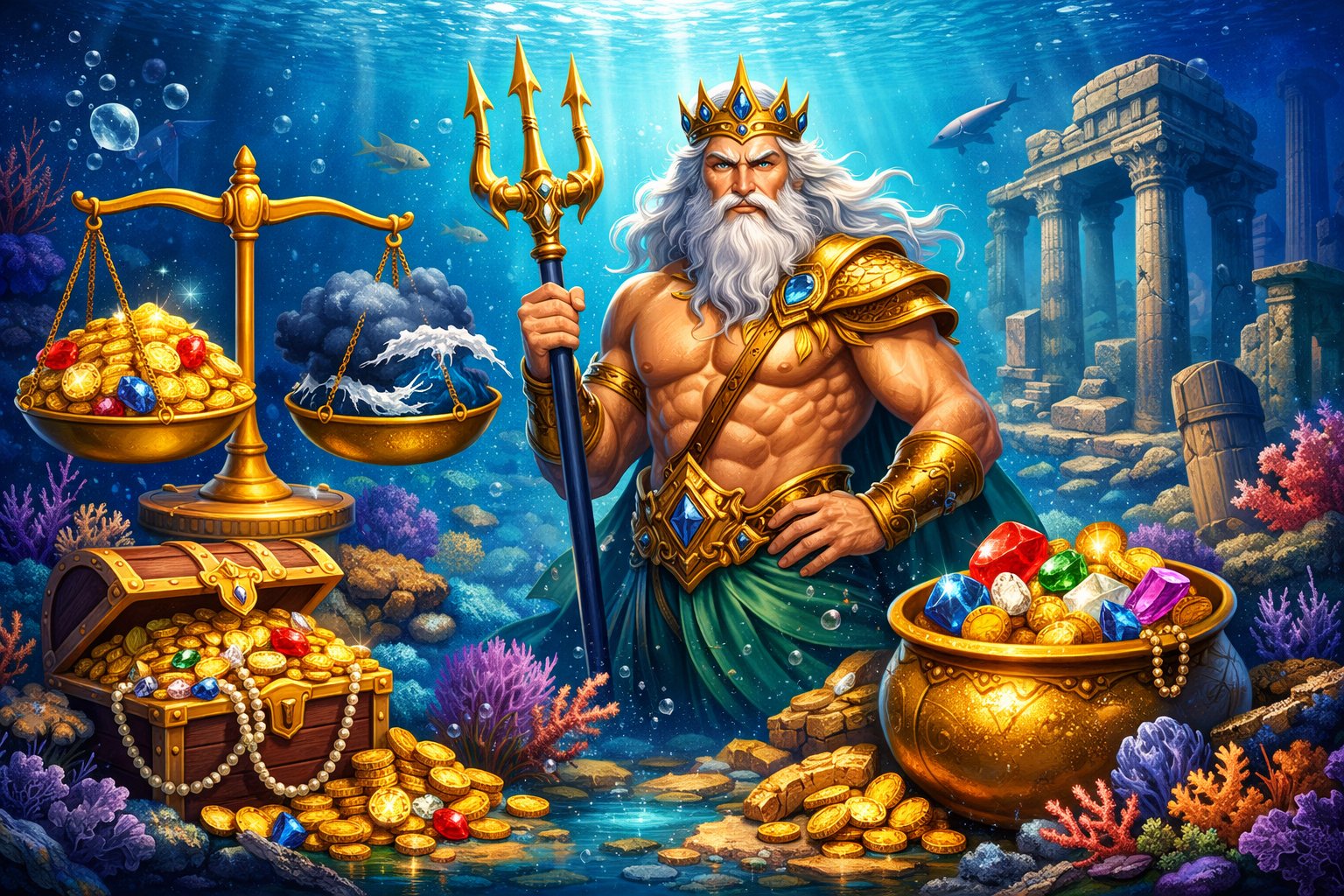 An Underwater Scene With Neptune Holding A Trident, Treasure Chests, Gems, Coral Reefs, And A Balanced Scale Representing Pros And Cons.