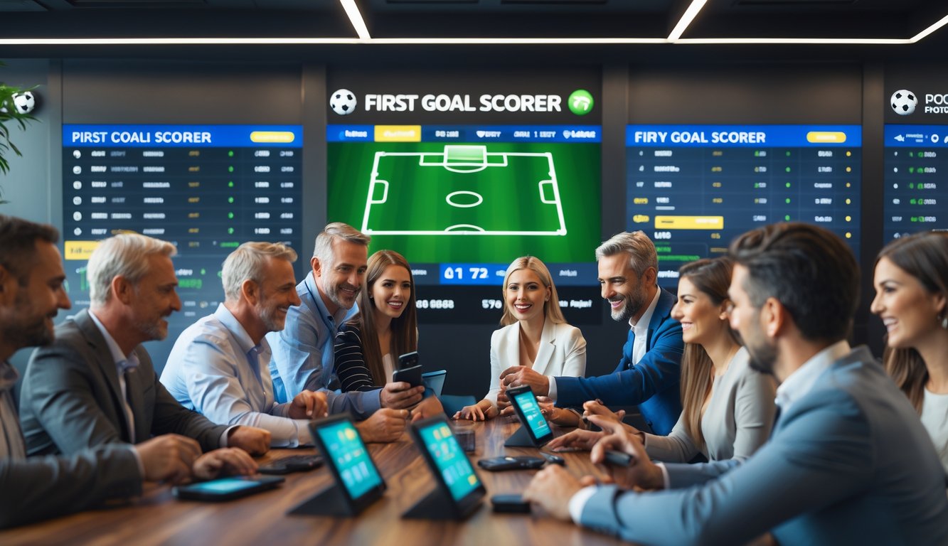 Beberapa orang di dalam agen taruhan sepak bola sedang melihat layar digital dengan statistik pertandingan dan peluang taruhan gol pertama.