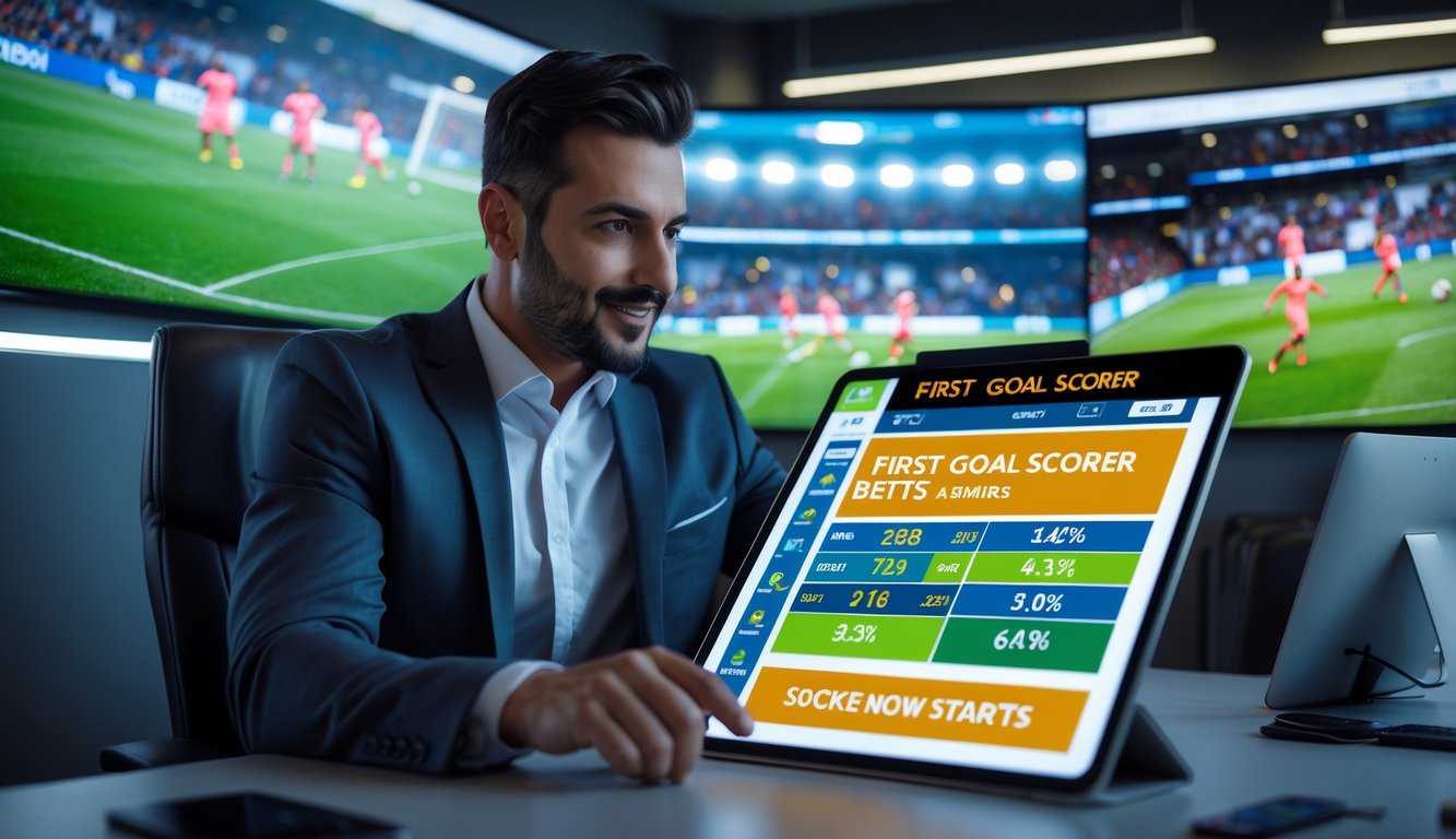 Seorang pria profesional di kantor modern menggunakan tablet dengan layar yang menampilkan statistik dan sorotan pertandingan sepak bola.