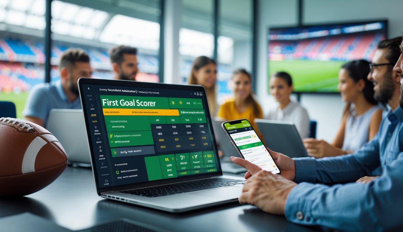 Orang-orang di kantor modern sedang menganalisis data pertandingan sepak bola dengan perangkat digital, menyoroti peluang pencetak gol pertama dalam sebuah pertandingan.