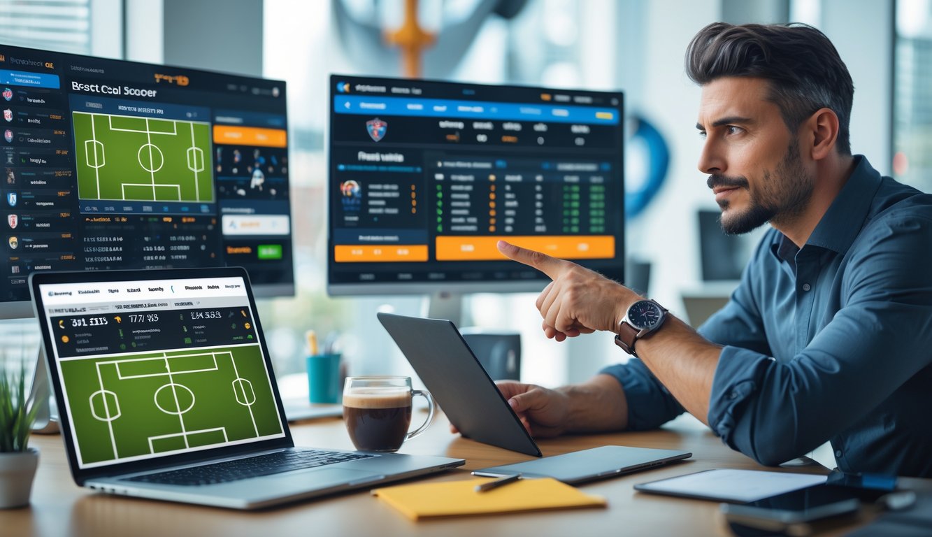 Seorang pria sedang menganalisis statistik dan peluang taruhan sepak bola di layar komputer di sebuah kantor modern.