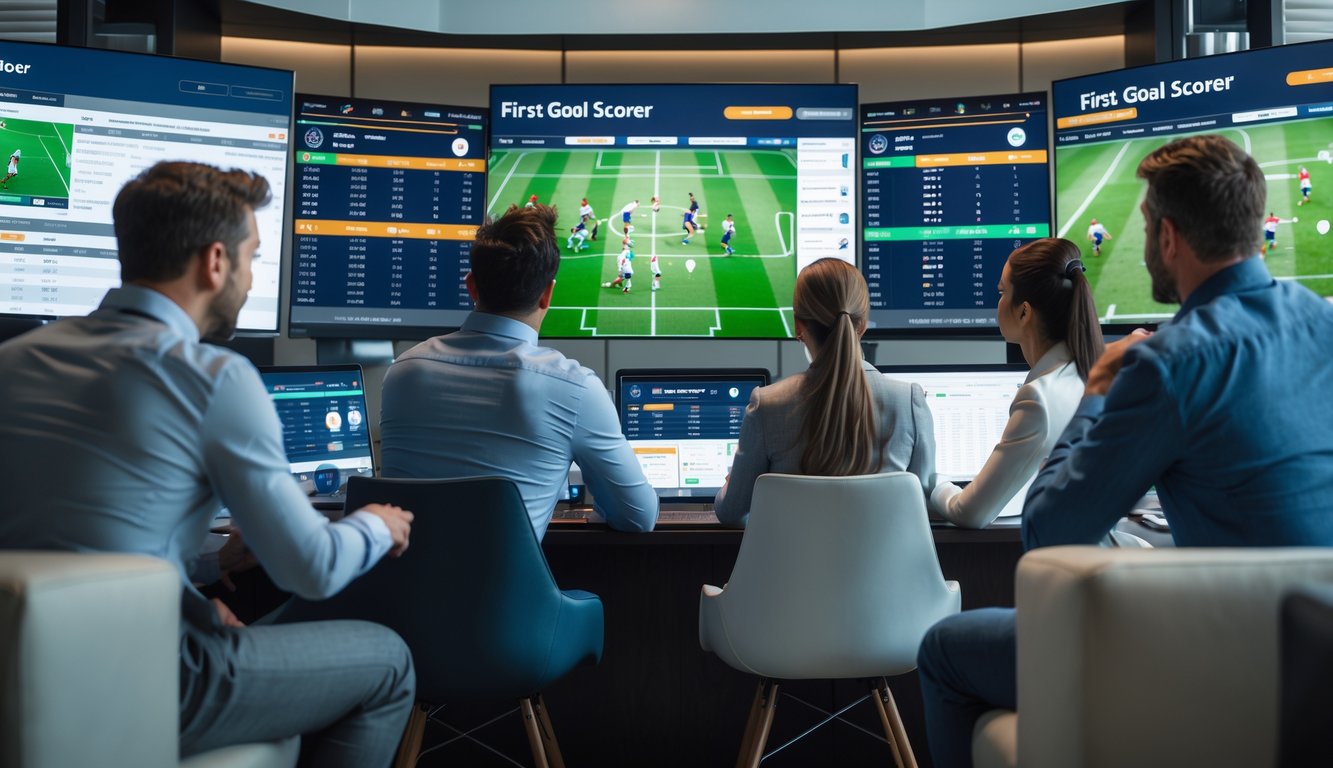 Beberapa orang sedang melihat layar digital yang menampilkan statistik pertandingan sepak bola untuk memilih pencetak gol pertama.