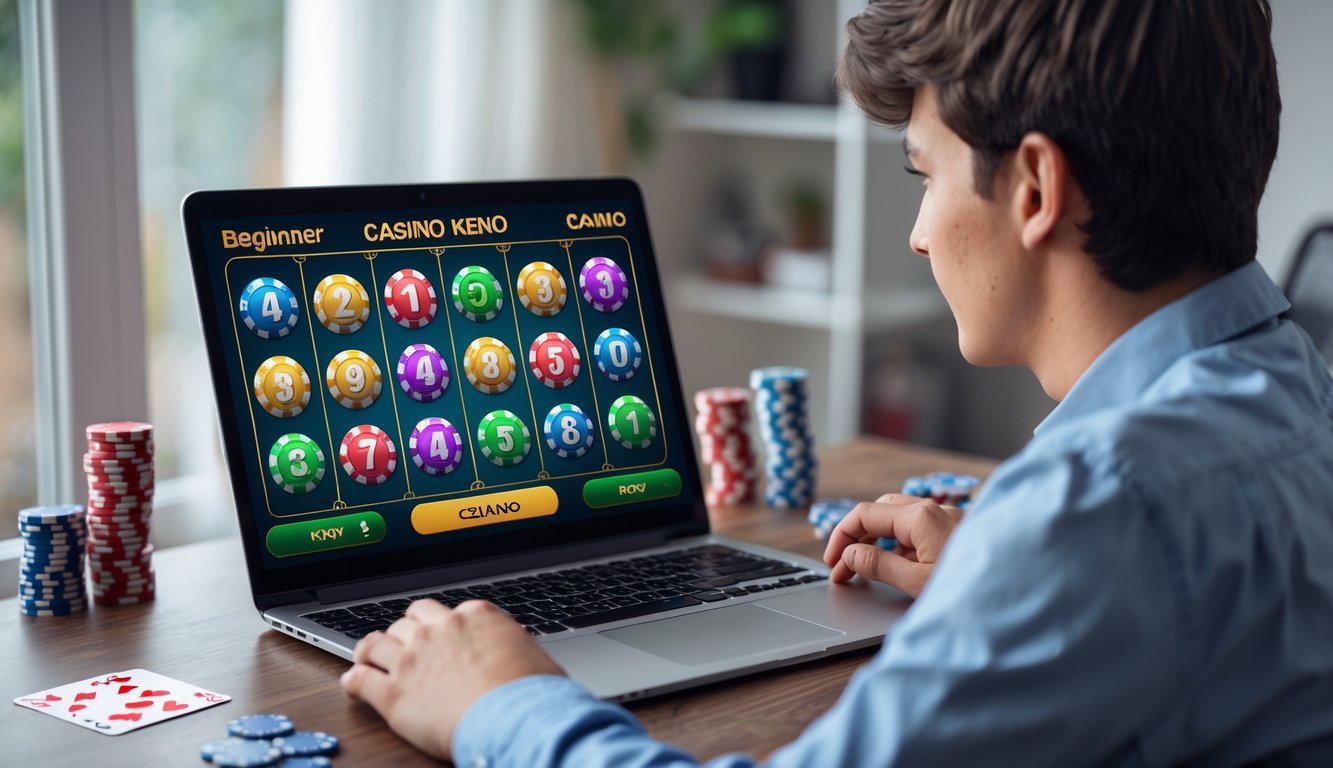 Seorang pemula sedang bermain permainan Casino Keno online di laptop di sebuah ruangan dengan pencahayaan alami.