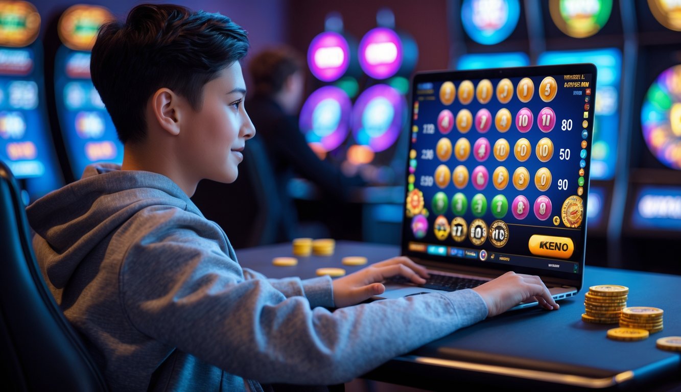 Seorang dewasa muda duduk di depan laptop yang menampilkan permainan Keno online dengan suasana ruangan yang nyaman dan elemen kasino digital di latar belakang.