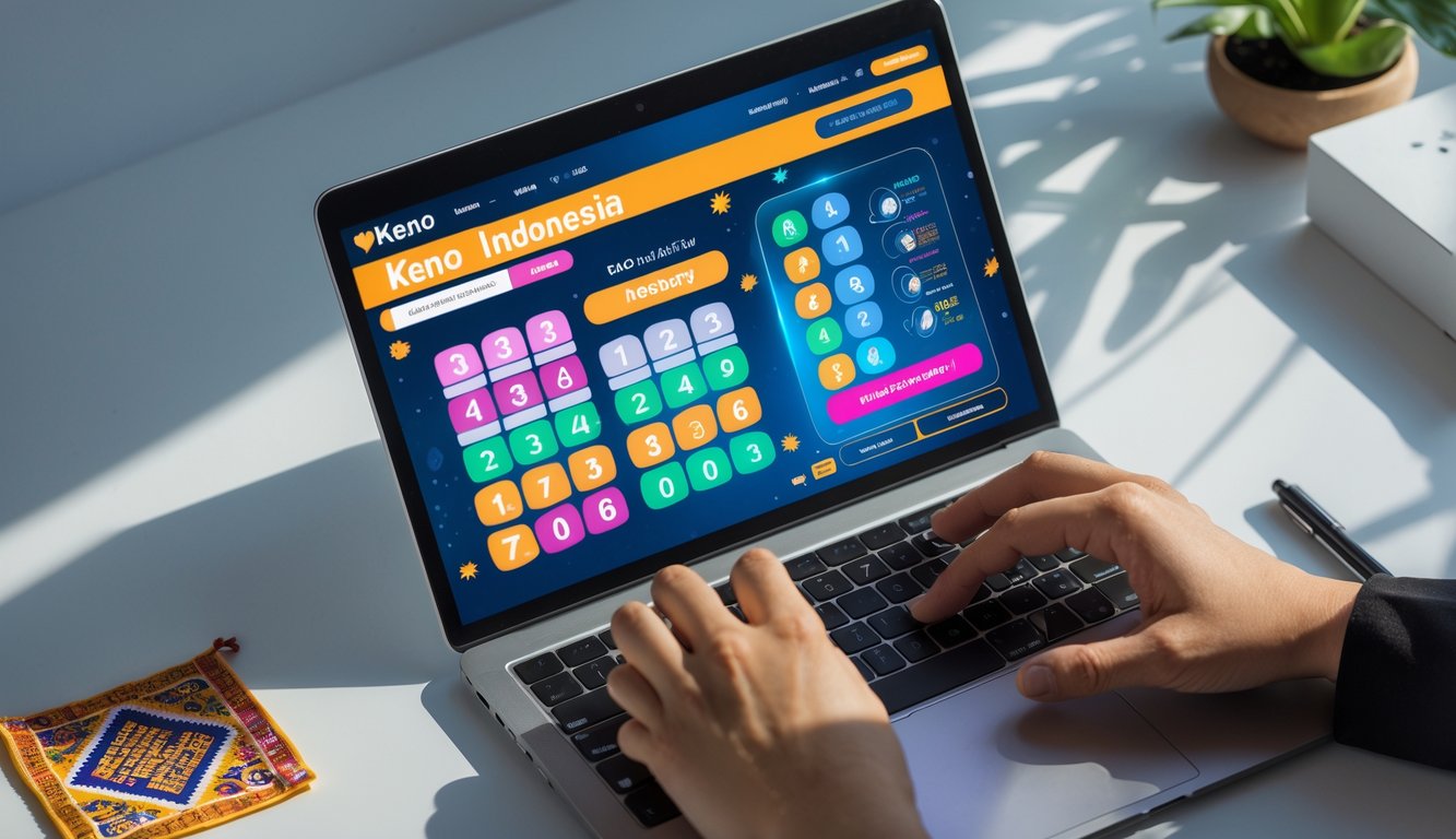 Seseorang menggunakan laptop atau ponsel untuk bermain lotere Keno online dengan latar belakang meja kerja yang rapi dan elemen budaya Indonesia.