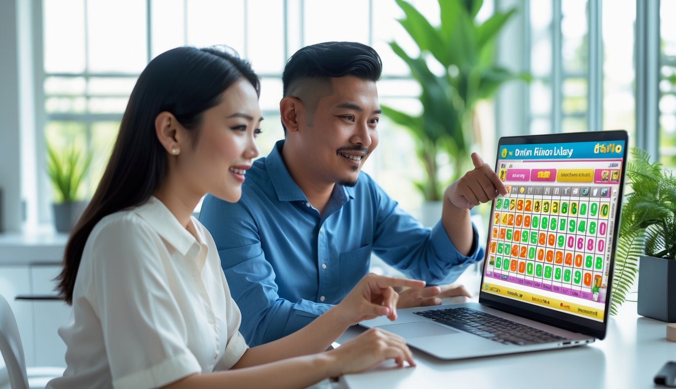 Seorang pria dan wanita duduk di meja dengan laptop yang menampilkan permainan lotere angka online, terlihat fokus dan bersemangat di dalam ruangan yang terang dan modern.
