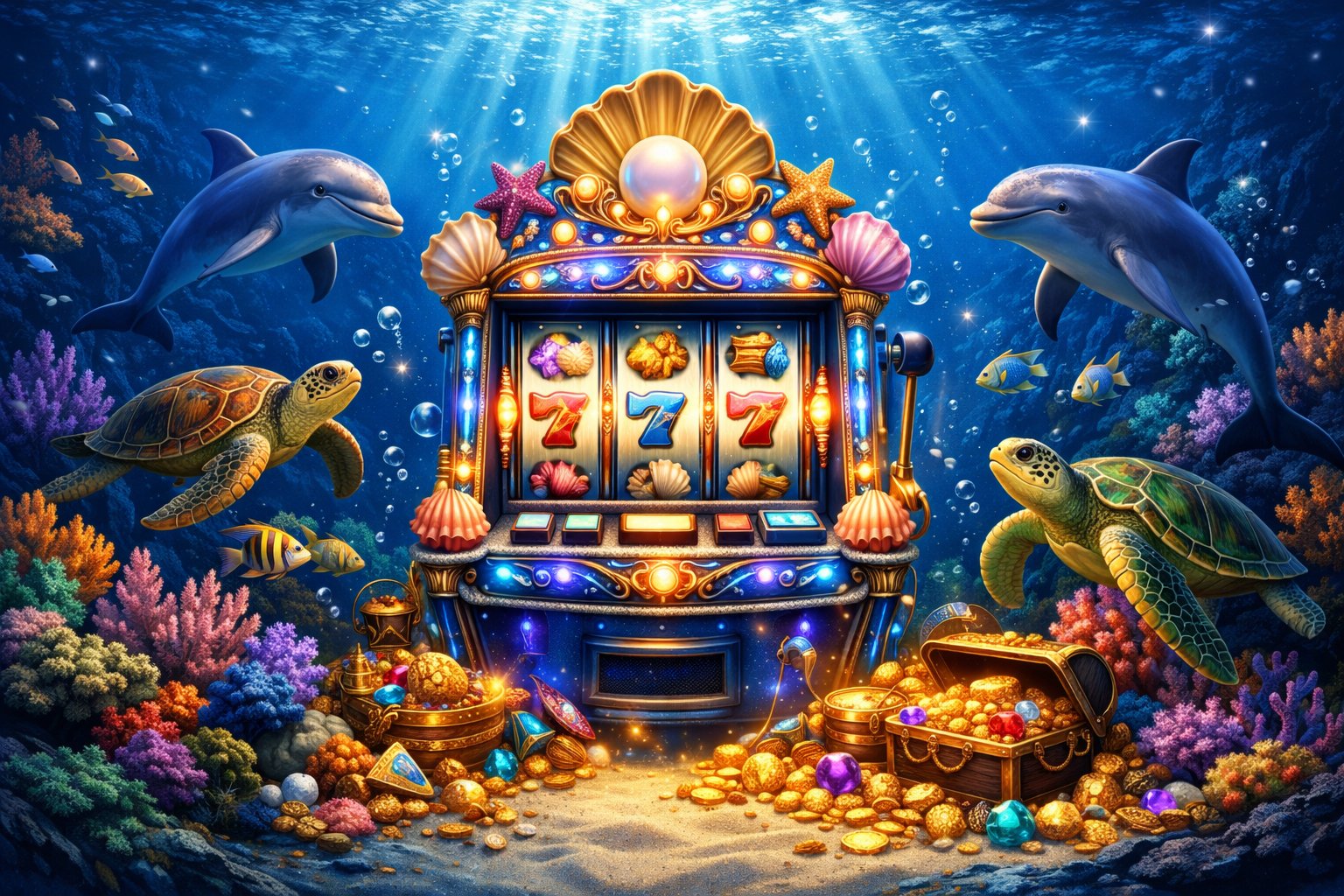 An Underwater Scene With A Glowing Slot Machine Surrounded By Colorful Fish, Coral Reefs, And Treasure On The Ocean Floor.