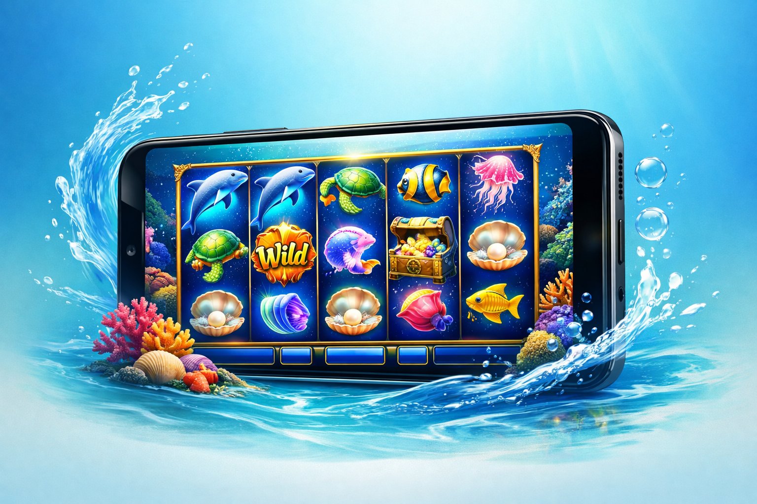 A Smartphone Showing An OceanThemed Slot Game With Colorful Sea Creatures And Coral Reefs On The Screen.