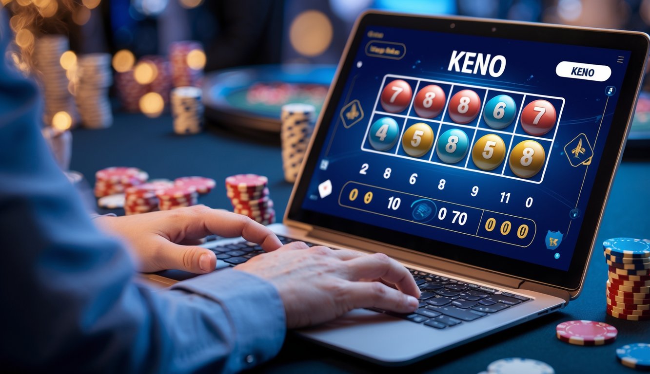 Seseorang menggunakan komputer untuk bermain lotere angka Keno di kasino online dengan tampilan layar yang menampilkan angka dan bola Keno.