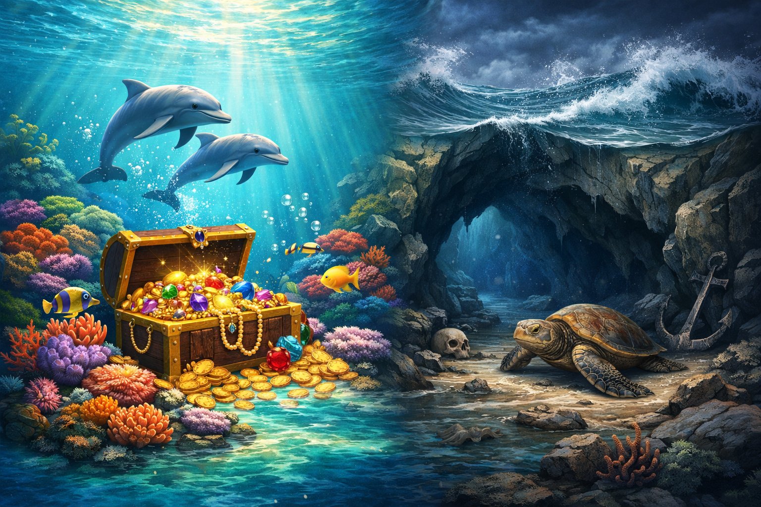 An Underwater Scene Showing Colorful Ocean Life And Treasure On One Side And Darker, Stormy Waters With A Cautious Sea Turtle On The Other, Representing Pros And Cons.