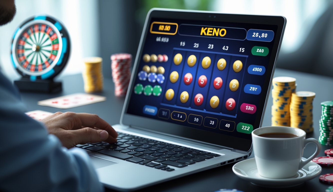 Seseorang bermain Keno online di depan laptop dengan latar belakang elemen kasino seperti chip dan kartu remi.