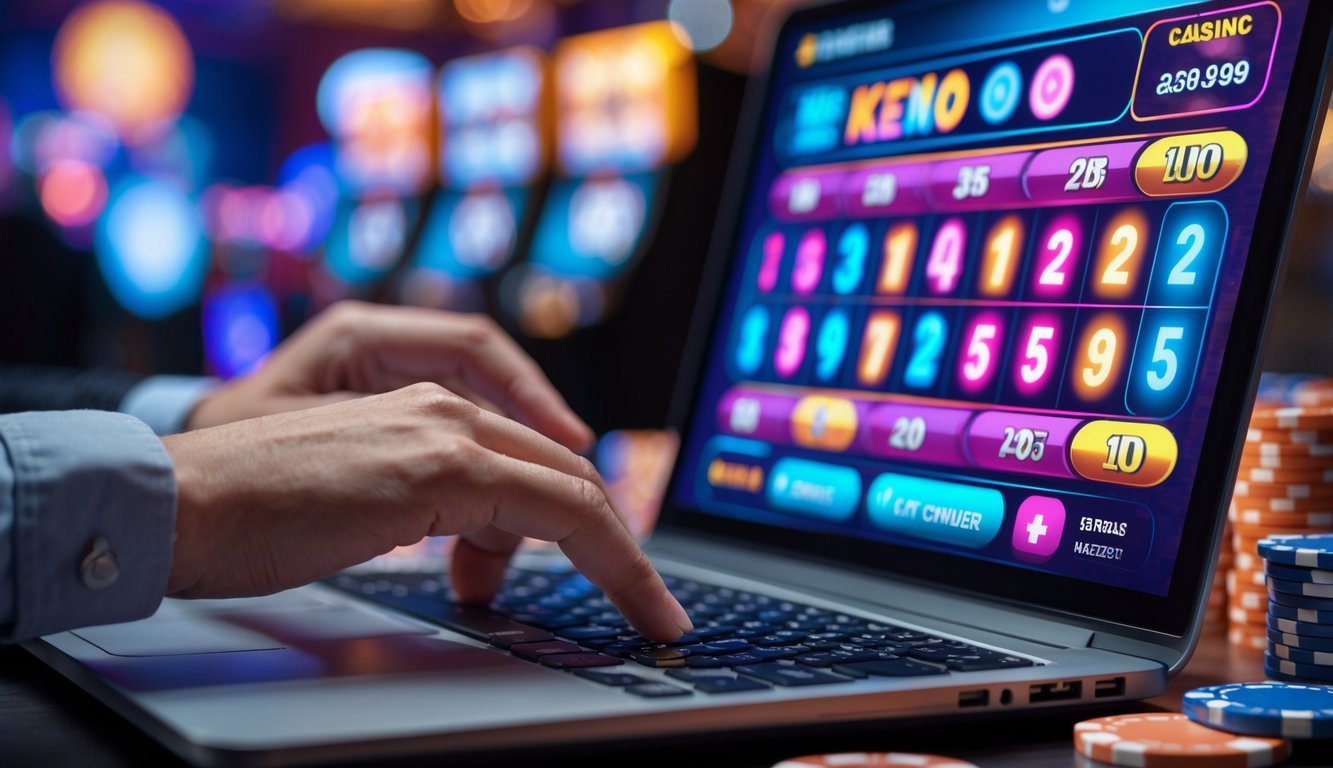 Seseorang sedang bermain permainan Keno online di komputer dengan latar belakang elemen kasino.