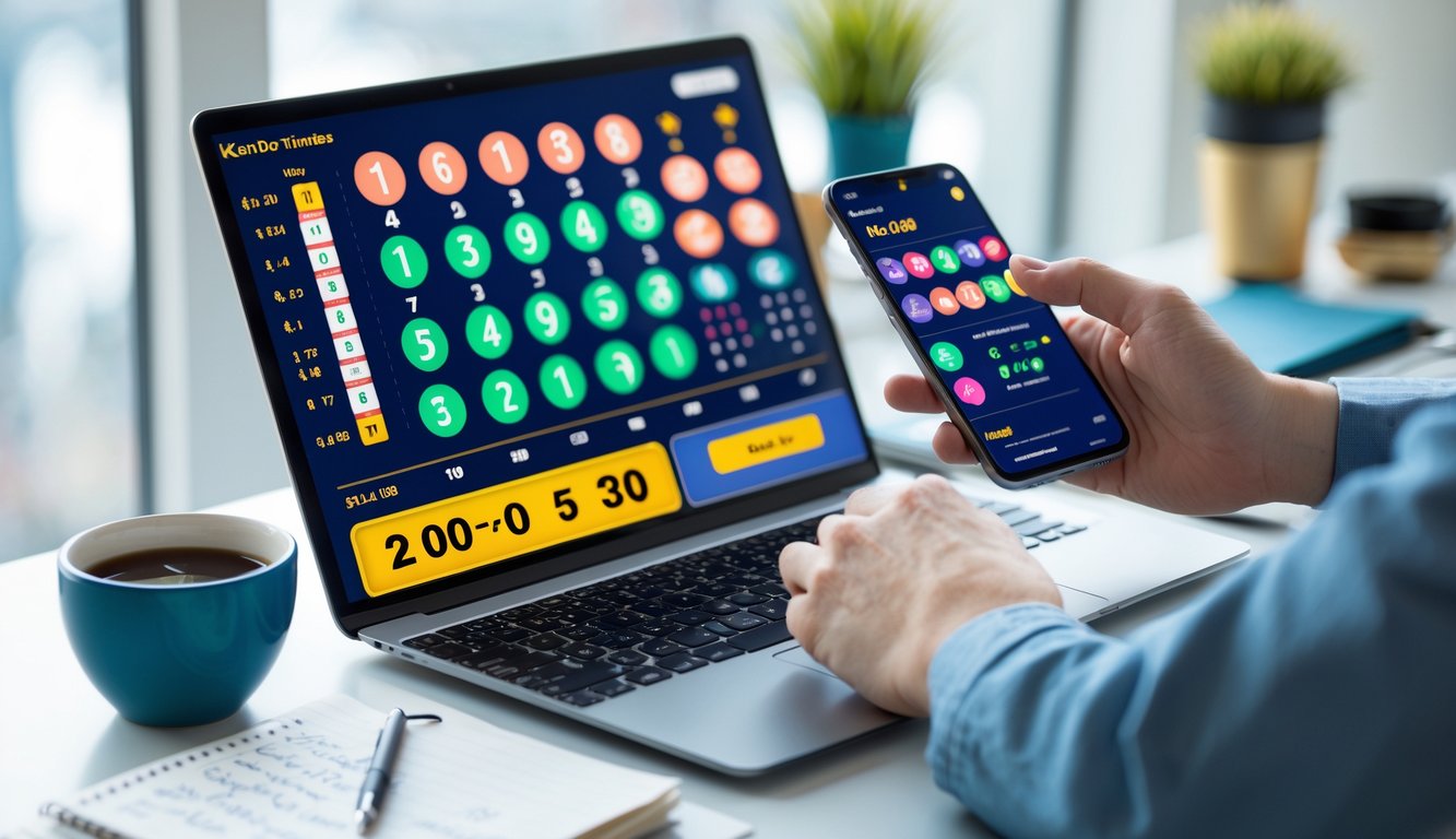 Seseorang sedang menganalisis angka Keno yang sering keluar pada permainan lotere online di depan laptop dan smartphone di meja kerja.