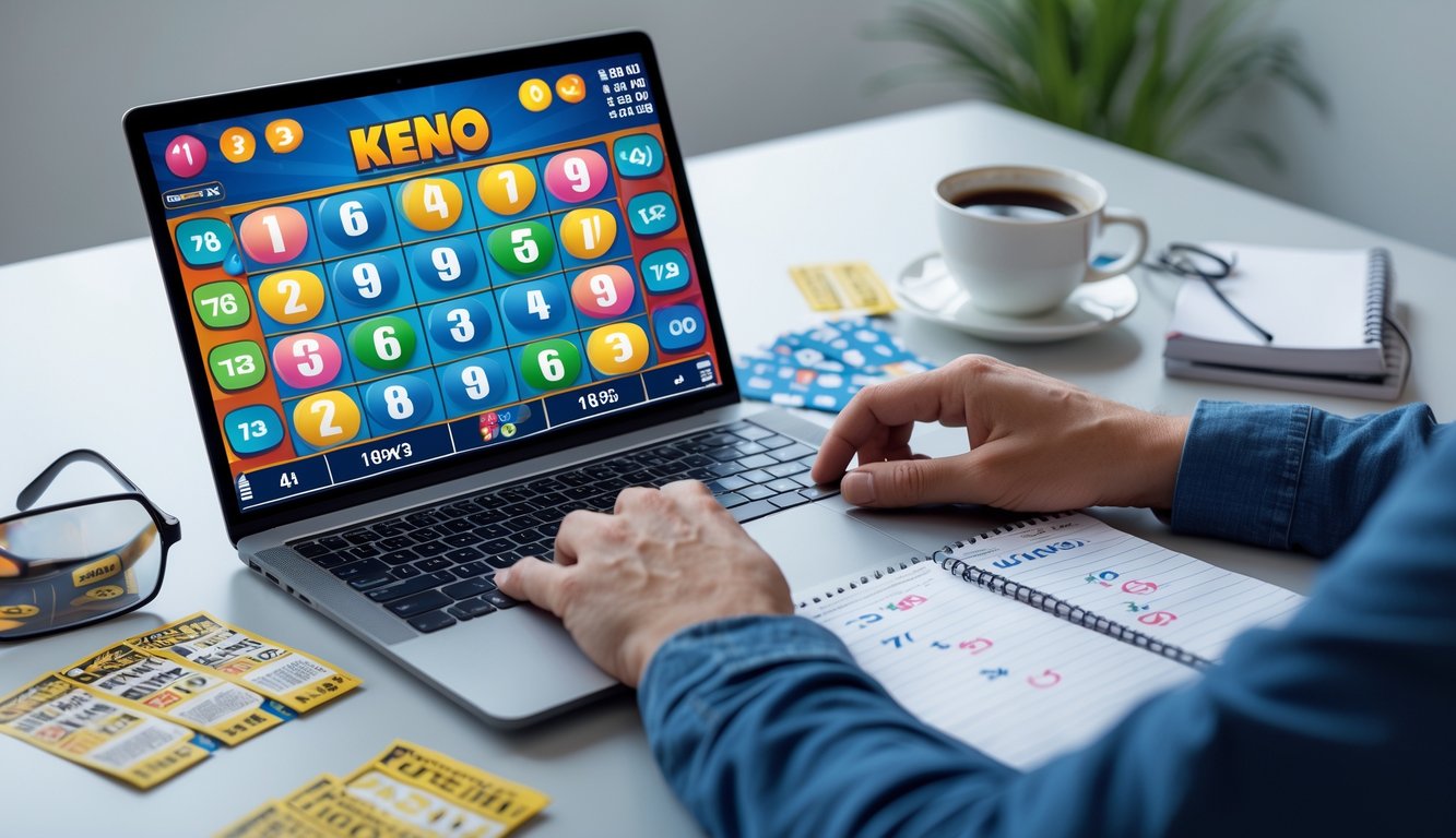 Seorang pemain lotere online sedang duduk di depan laptop dengan layar menampilkan permainan Keno, dikelilingi tiket lotere, secangkir kopi, dan buku catatan.