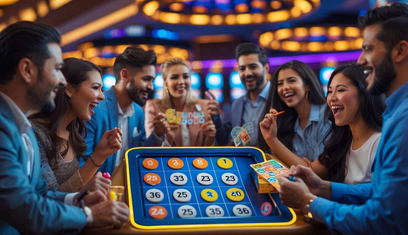 Orang-orang bermain lotere angka Keno di kasino dengan papan permainan dan kartu Keno di tangan mereka.